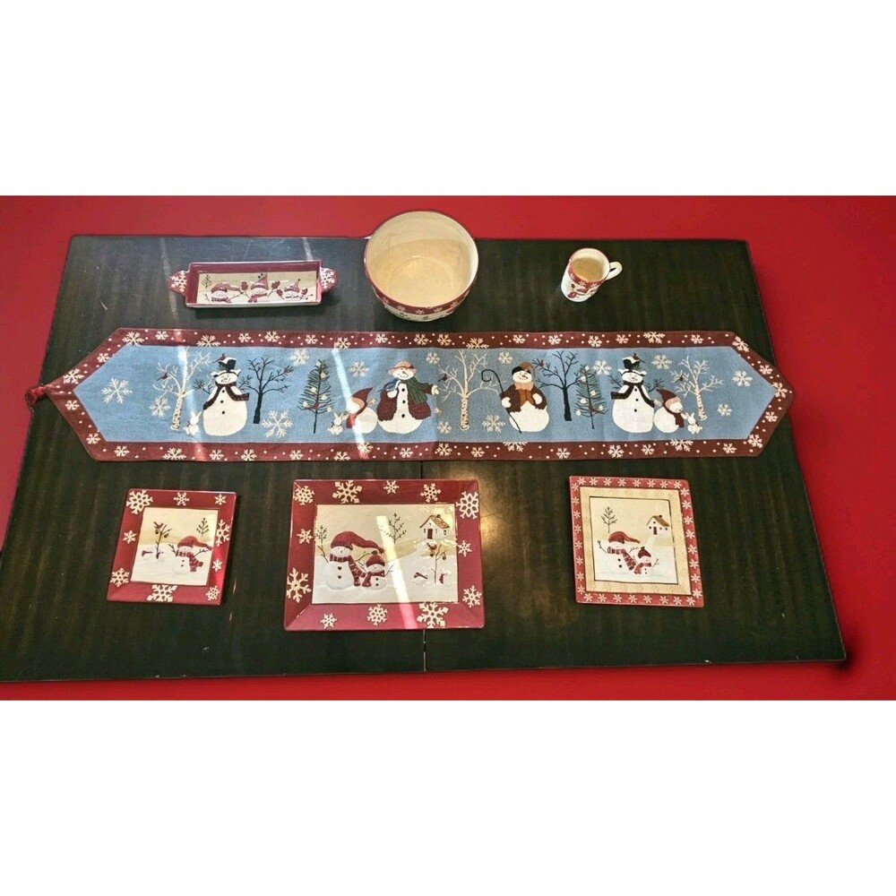 St. Nicholas Square Winter Wishes Snowman Dinnerware Set Bowl Mug Platter Table